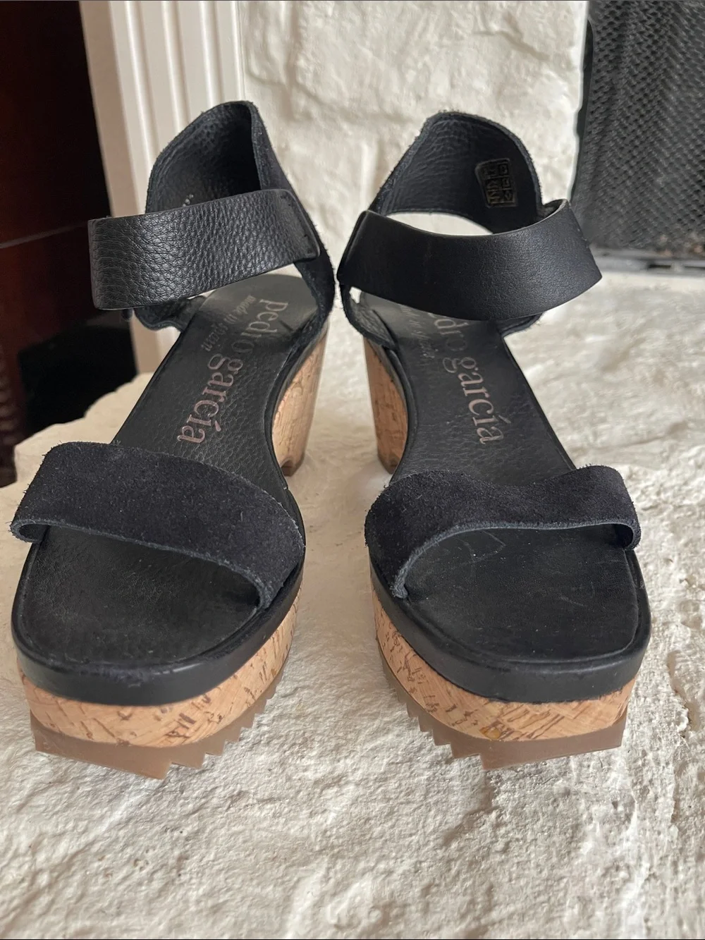Pedro Garcia Franses Black Suede and Cork Wedge Sandal with Ankle Strap